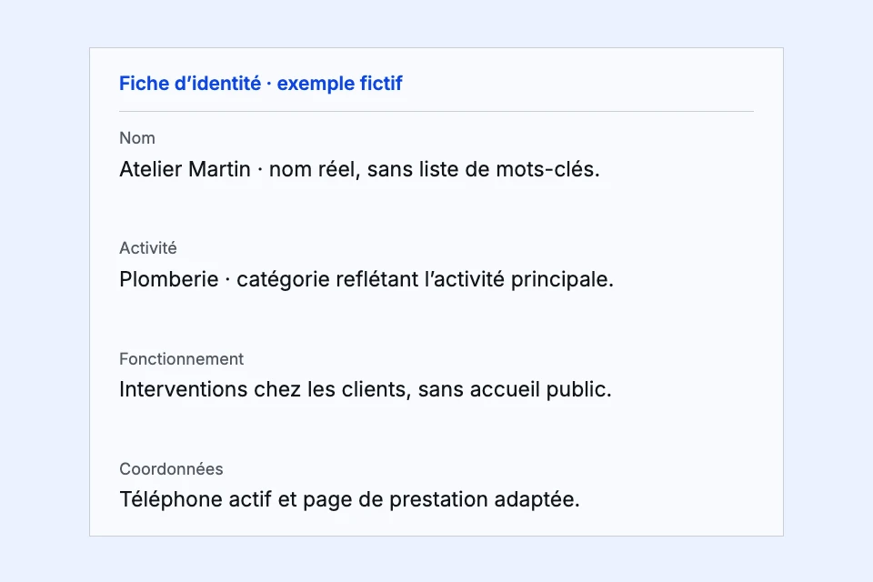Exemple fictif de fiche d’identité pour une entreprise de plomberie sans accueil public.