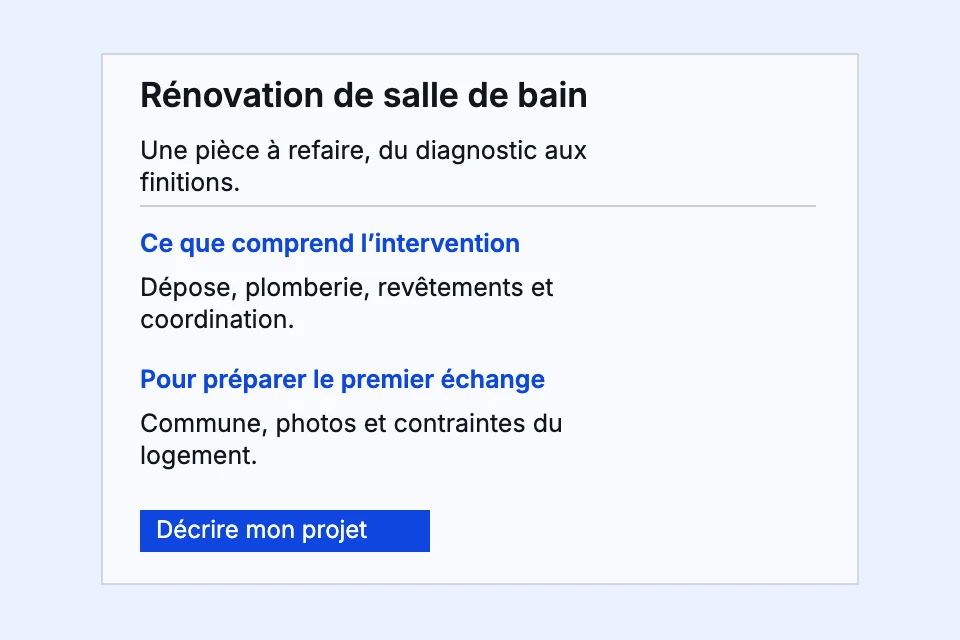 Exemple de page rénovation : prestation, périmètre et informations utiles au devis.